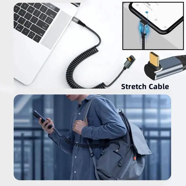 Alt view image 5 of 7 - Stretch Coiled USB-C USB4 Cable 20Gbps 100W 8K Type-C Up Angled Male to Male Cable Power & Data for Laptop Keyboard Tablet