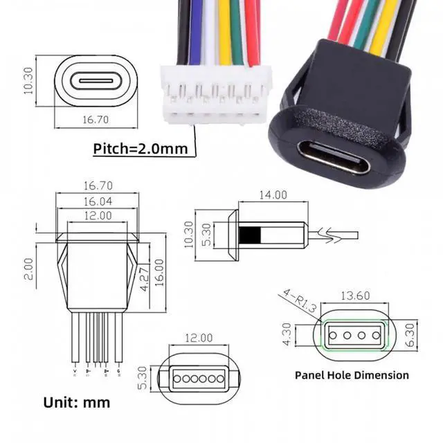 Alt view image 2 of 7 - 5pcs/set DIY OEM Type C Female Socket to 6Pin Header Cable Pitch=2.0mm Latch Mount Type DC 5V/20V PD Power