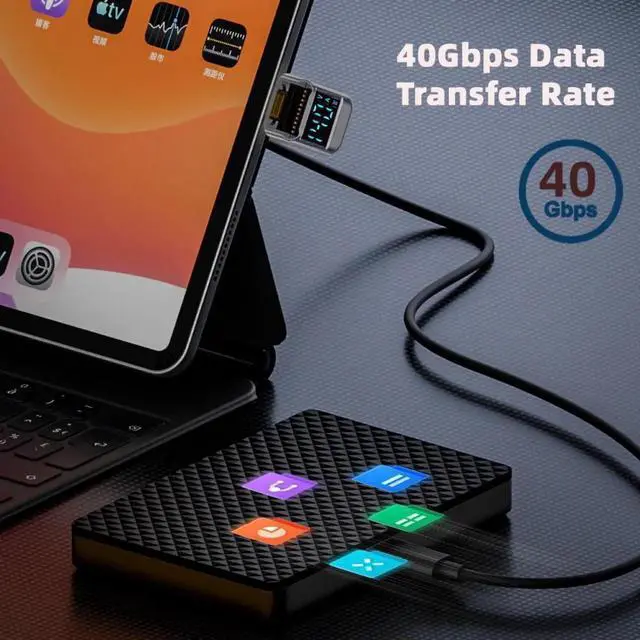 Alt view image 5 of 7 - Type-C Smart LED Display USB-C Male to Female Extension Adapter USB4.0 40Gbps 140W Opposite U Shape Back Angled Current Voltage Monitoring