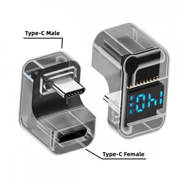 Alt view image 7 of 7 - Type-C Smart LED Display USB-C Male to Female Extension Adapter USB4.0 40Gbps 140W Opposite U Shape Back Angled Current Voltage Monitoring