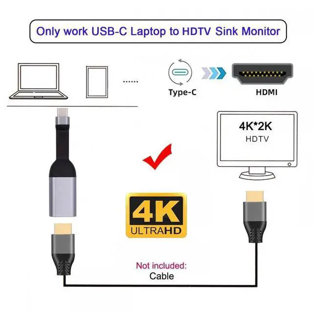 Alt view image 7 of 7 - USB-C Type-C Source to HDMI 4K 60hz Sink HDTV Adapter Ultra Slim Flat Cable 1080p for Laptop Tablet Phone