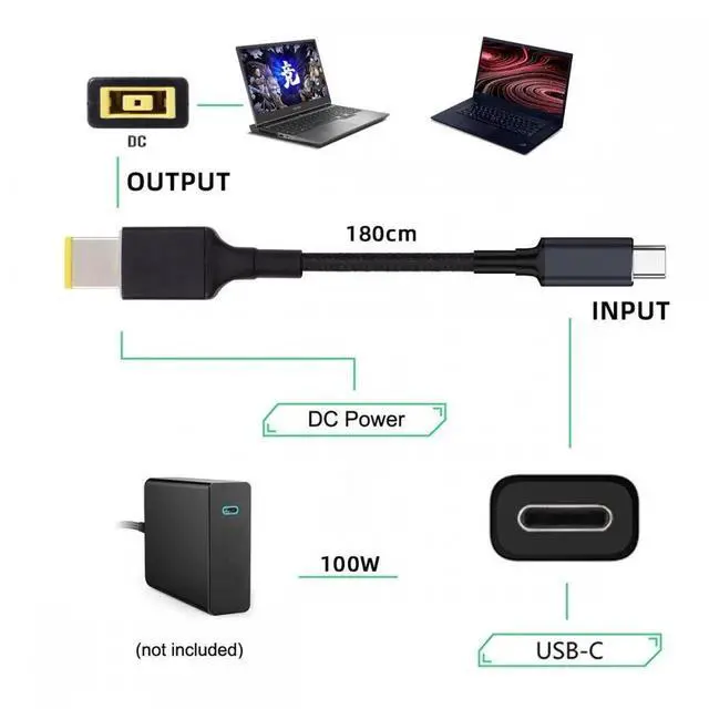 Alt view image 3 of 7 - 100W Type C USB-C Input to Rectangular Jack Output Power 20V 5A 65W PD Charge Cable for Thinkpad X1 Legion Y7000P Laptop