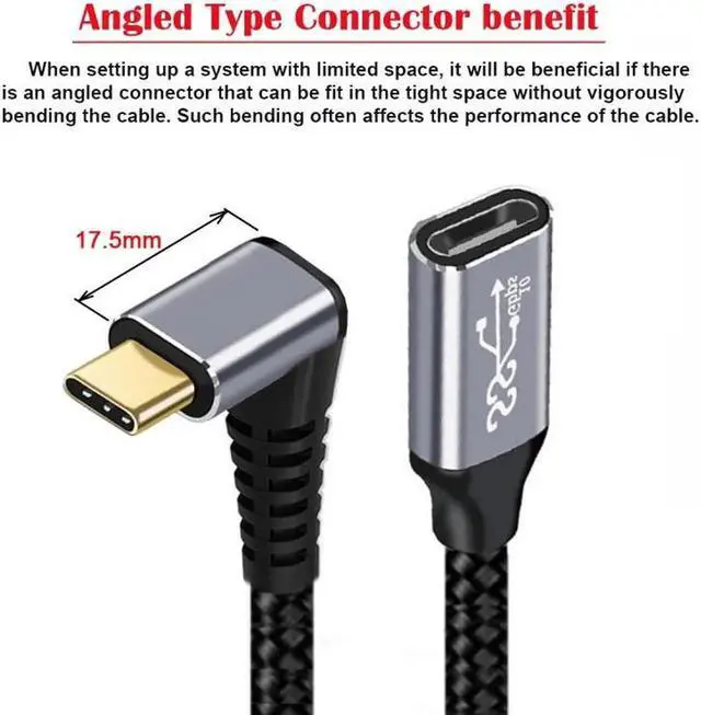 Alt view image 4 of 7 - 0.2M Up Down Angled USB-C USB 3.1 Type C Male to Female Extension Data Cable 10Gbps 100W with Sleeve for Laptop