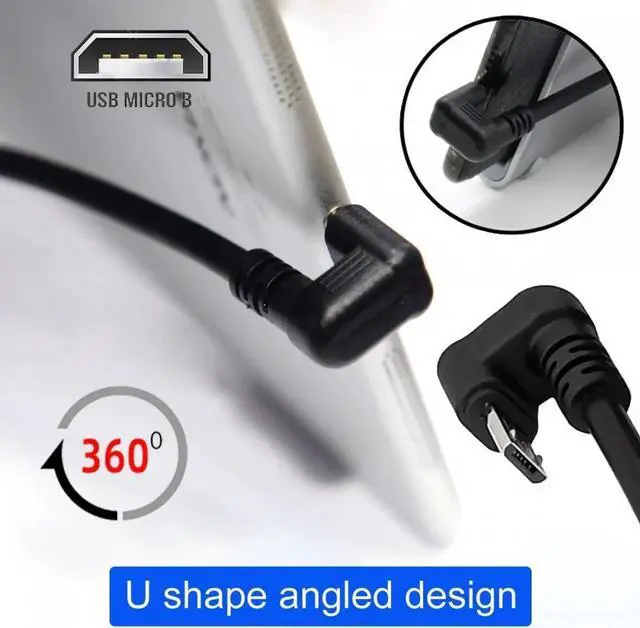 Alt view image 4 of 7 - USB2.0 Type-A to Micro USB 5Pin Male to Male Power Data Cable 480Mbps Micro Opposite U Shape Back Angled