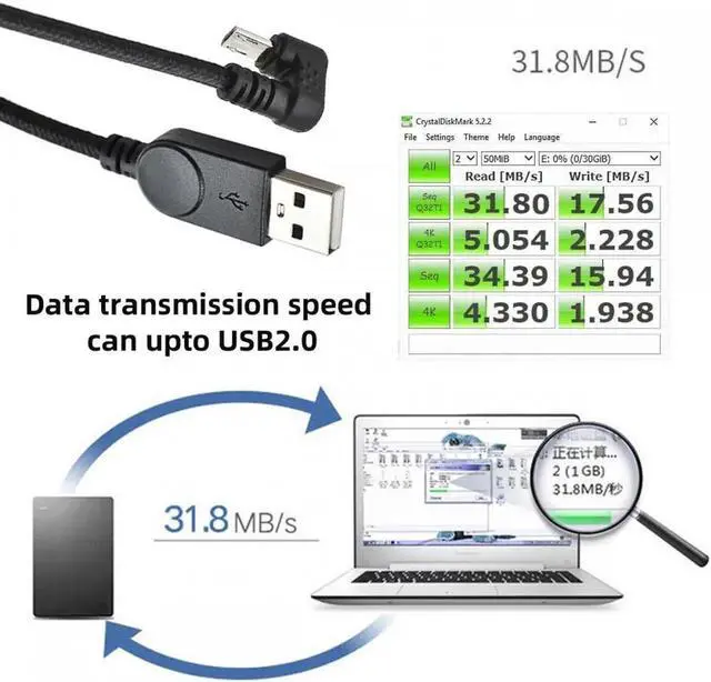 Alt view image 7 of 7 - USB2.0 Type-A to Micro USB 5Pin Male to Male Power Data Cable 480Mbps Micro Opposite U Shape Back Angled