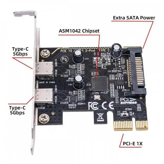 Alt view image 5 of 7 - USB3.1 Gen1 5Gbps Dual Type-C USB-C Female to PCI-E Express 1x Card Adapter ASM1042 with Low Profile Bracket