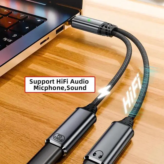 Alt view image 5 of 7 - USB-C Type-C Male to Dual Female Audio DAC AUX Music 16bit 48kHz & 100W PD Power Cable for Laptop Tablet Phone