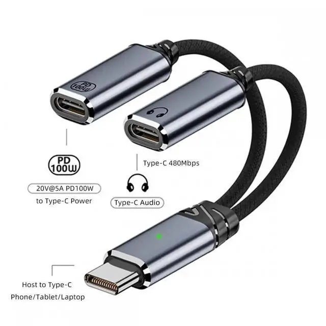 Alt view image 4 of 7 - USB-C Type-C Male to Dual Female Audio DAC AUX Music 16bit 48kHz & 100W PD Power Cable for Laptop Tablet Phone