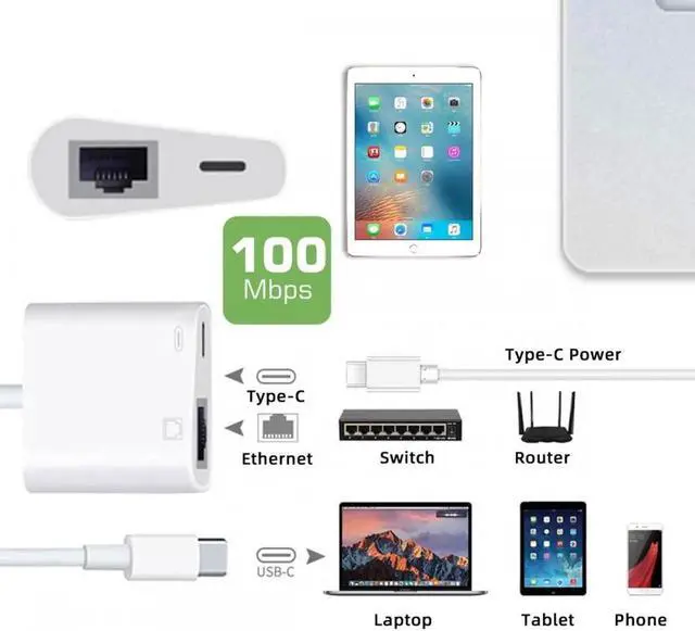 Alt view image 6 of 7 - Type C USB-C to 100Mbps Networking RJ45 with PD Power Charge Adapter Compatible with Laptop Tablet Phone