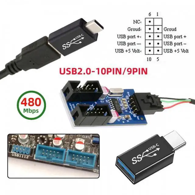 Alt view image 2 of 7 - USB 3.1 Male Type-C USB-C to USB 2.0 Type-A Male 1 to 2 Female Motherboard 9pin 10pinHeader HUB Adapter Port Multiplier