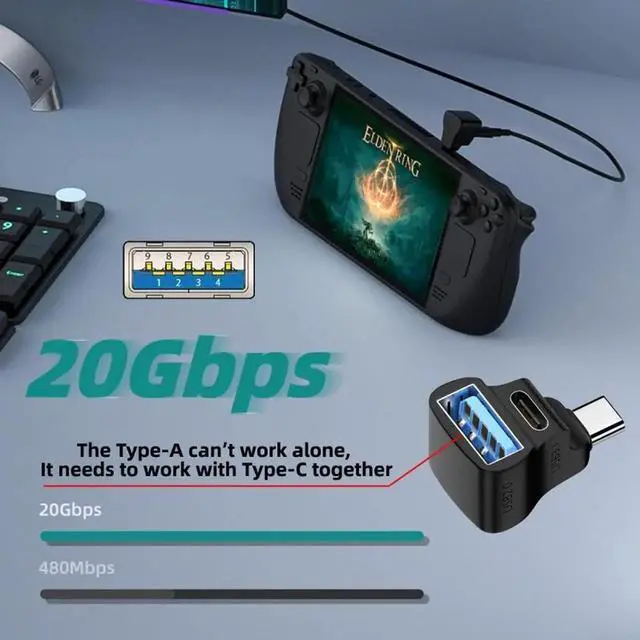 Alt view image 3 of 7 - 10Gbps USB3.1 Type C Male to Dual Type-A OTG & Type-C Female Power Data Splitter Adapter Angled Compatible with Steam Deck Laptop