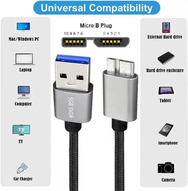 Alt view image 3 of 7 - USB 3.0 Type-A Male to Micro 3.0 B Male Cable Silver 5Gbps for Disk SSD Camera Data 30cm