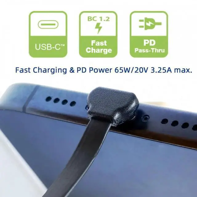 Alt view image 6 of 7 - USB-C Type C to USB-C Ultra Slim Flat Power USB2.0 Data Cable Angled Connector 65W Fast Charge for Laptop Tablet Phone