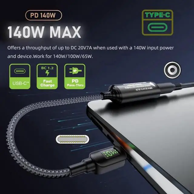 Alt view image 3 of 7 - Cable DC Jack 4.5x3.0mm Input to USB-C Type-C Power 140W Smart LED Display Charge Cable for Laptop Phone PD9V/5V/20V/7A