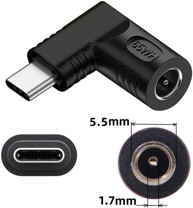 Alt view image 5 of 7 - DC Jack 5.5x1.7mm Input to USB-C Type-C Angled 90 Degree Power Plug Charge Adapter for Laptop Phone