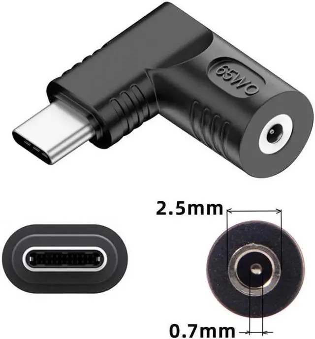 Alt view image 7 of 7 - DC Jack 2.5x0.7mm Input to USB-C Type-C Angled 90 Degree Power Plug Charge Adapter for Laptop Phone