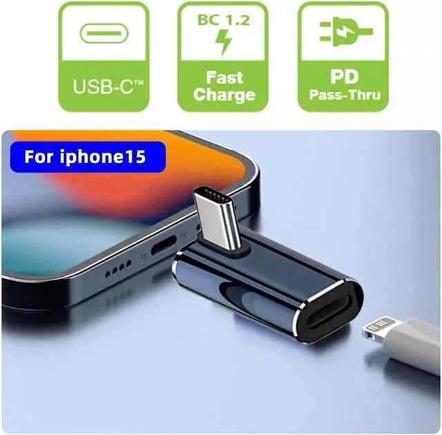 Alt view image 6 of 7 - USB-C Type C Male to 8P Female 27W Power 480Mbps Data Adapter Low Profile Angled Compatible with iPhone 15 & Android & Tablet
