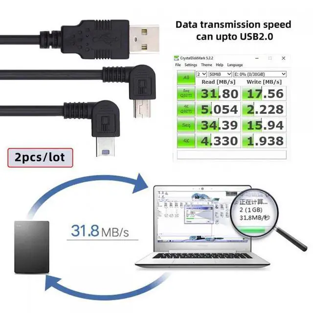 Alt view image 2 of 7 - Cable 2pcs/lot Left & Right Angled Mini USB B Type 5pin Male 90 Degree to USB 2.0 Male Power Data Cable 50cm