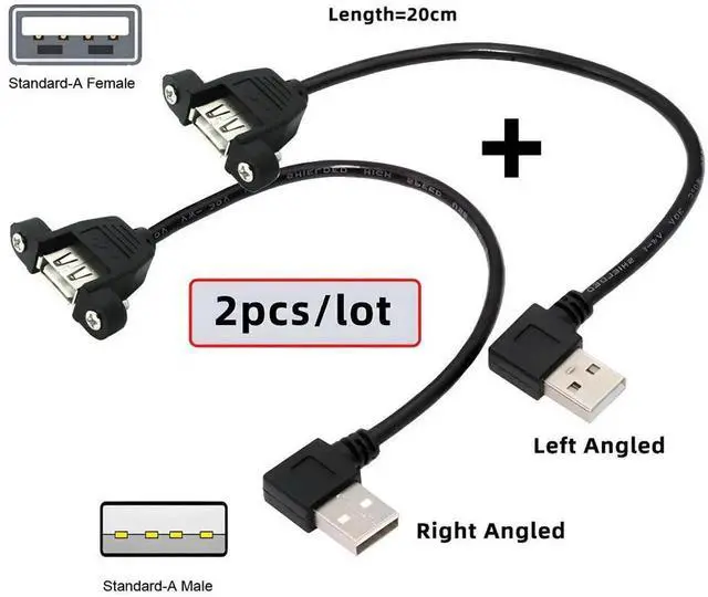 Alt view image 6 of 7 - Cable 2pcs/lot Left & Right Angled Type USB 2.0 Type-A Male to USB Female Extension Cable Panel Type 90 Degree 25cm
