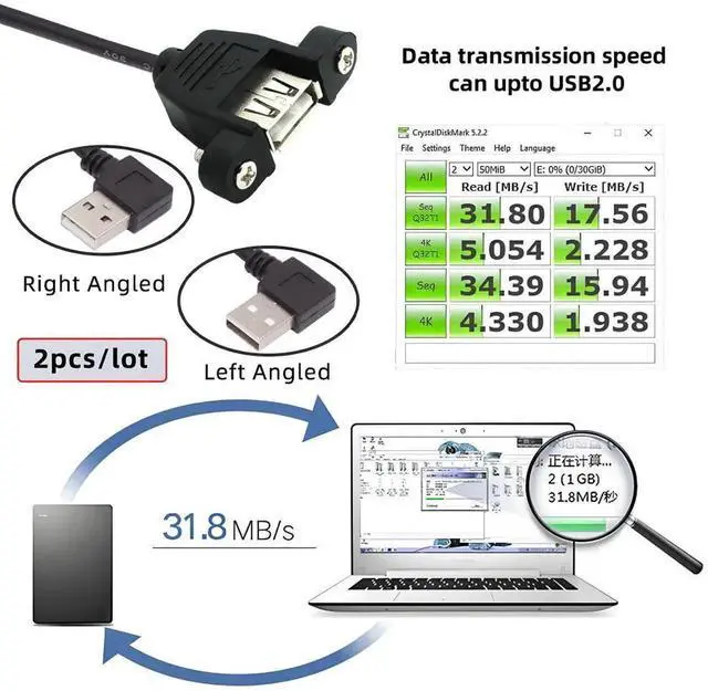 Alt view image 3 of 7 - Cable 2pcs/lot Left & Right Angled Type USB 2.0 Type-A Male to USB Female Extension Cable Panel Type 90 Degree 25cm