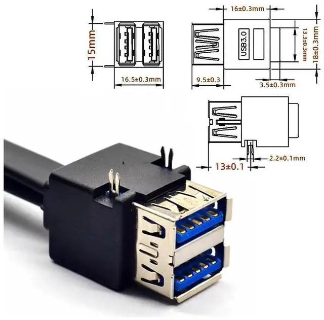 Alt view image 2 of 7 - Cable Stackable Dual Port USB 3.0 Female Type-A DIP Type to Motherboard 20Pin 19Pin Header Cable with Fixed Feet 50cm