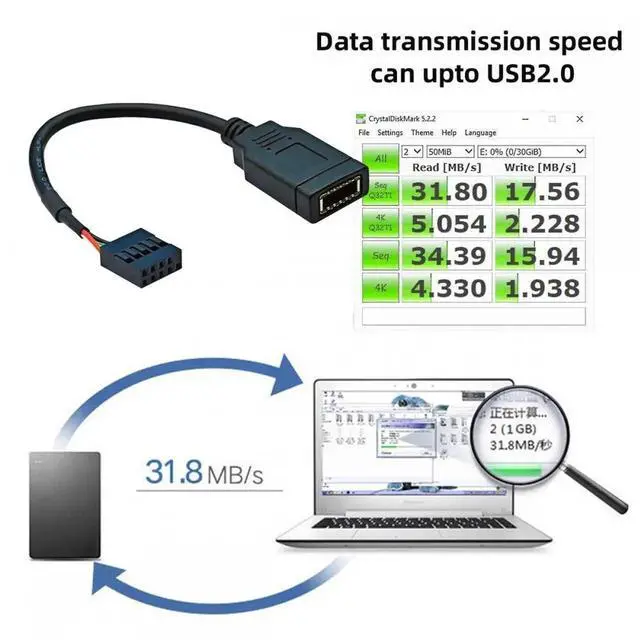 Alt view image 2 of 7 - Cable Single USB 3.1 Front Panel Socket Key-A Type-E to USB 2.0 9Pin 10Pin Mainboard Header Male Extension Cable