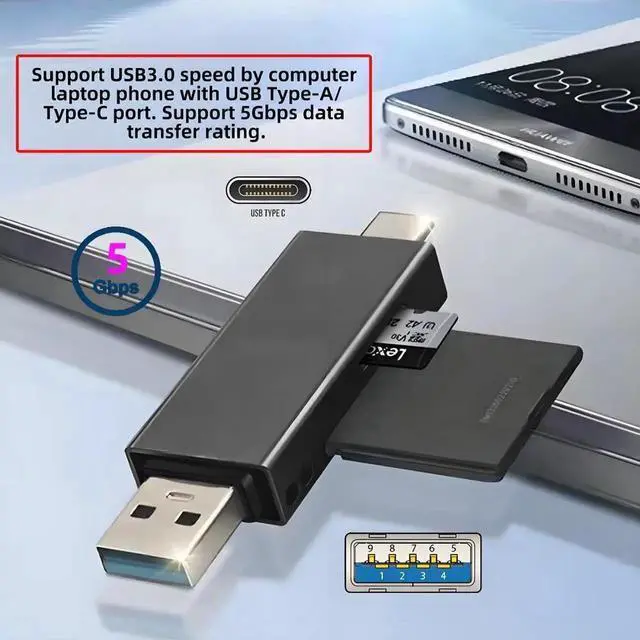 Alt view image 3 of 7 - Cable USB 3.0 & Type-C to TF T-Flash Card & SD Card Reader Writer for Camera & Laptop & Tablet & Mate Serial Phone