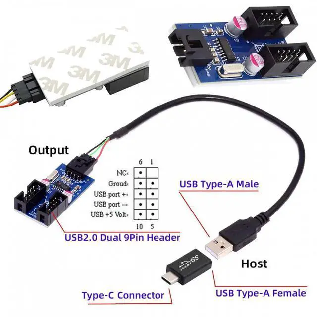 Alt view image 4 of 7 - USB 3.1 Male Type-C USB-C to USB 2.0 Type-A Male 1 to 2 Female Motherboard 9pin 10pinHeader HUB Adapter Port Multiplier