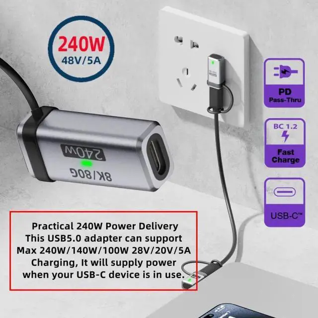 Alt view image 3 of 7 - Cable USB5.0 80Gbps Female to Female Extension Adapter with Lanyard Keychain 240W 16K 8K 5K Compatible with USB4.0 Thunderbolt3/4/5