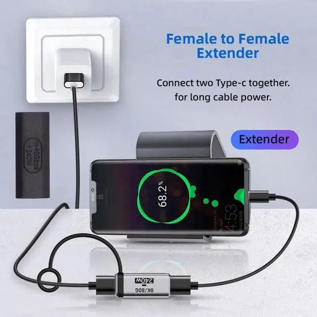 Alt view image 4 of 7 - Cable USB5.0 80Gbps Female to Female Extension Adapter with Lanyard Keychain 240W 16K 8K 5K Compatible with USB4.0 Thunderbolt3/4/5