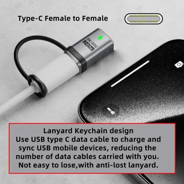 Alt view image 6 of 7 - Cable USB5.0 80Gbps Female to Female Extension Adapter with Lanyard Keychain 240W 16K 8K 5K Compatible with USB4.0 Thunderbolt3/4/5