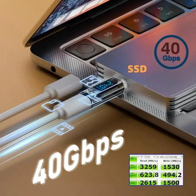 Alt view image 2 of 7 - 240W Type-C Smart LED Display USB4 Male to Female Extension Adapter USB4.0 40Gbps Current Voltage Monitoring Tester Detector