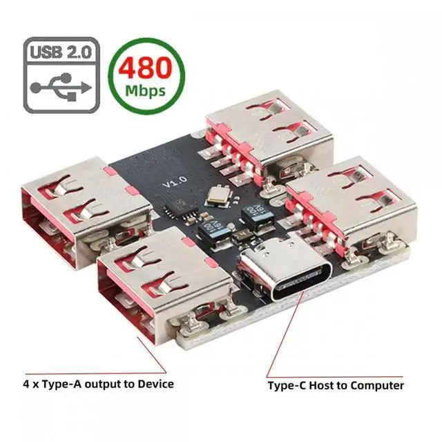 Alt view image 4 of 7 - USB 2.0 1-to-4 Four Ports HUB PCBA PCs 4 Devices Type-C for Keyboard Mouse Scanner Printer