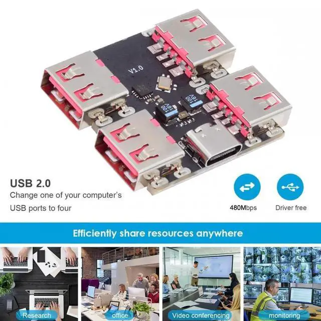 Alt view image 7 of 7 - USB 2.0 1-to-4 Four Ports HUB PCBA PCs 4 Devices Type-C for Keyboard Mouse Scanner Printer