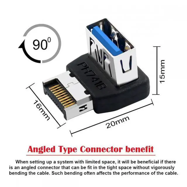 Alt view image 3 of 7 - USB 3.1 Front Panel Header Male Type-E to Type-A USB3.0 Female Data Adapter Down Angled 90 Degree for Motherboard