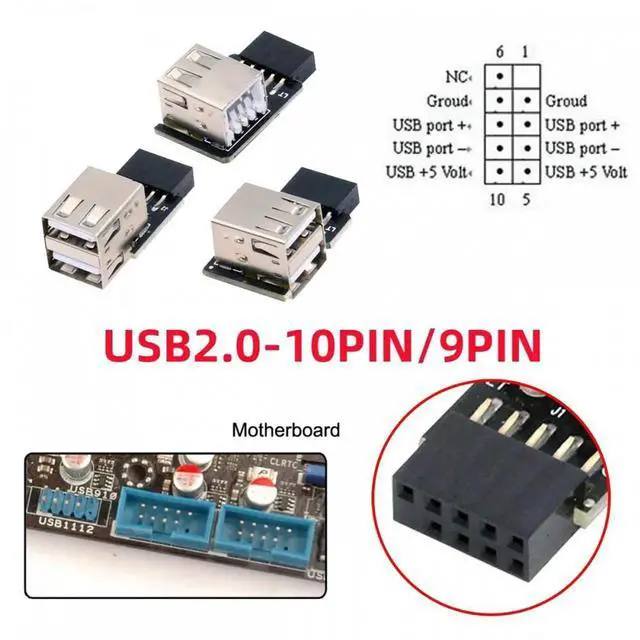 Alt view image 6 of 7 - 3pcs/set 9Pin/10Pin Motherboard Front Panel Header Female to Dual USB 2.0 Female Adapter Vertical Angled Type 90 Degree