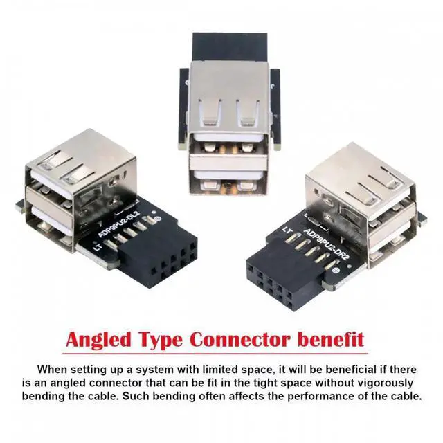 Alt view image 5 of 7 - 3pcs/set 9Pin/10Pin Motherboard Front Panel Header Female to Dual USB 2.0 Female Adapter Vertical Angled Type 90 Degree