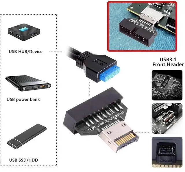 Alt view image 2 of 7 - Type-E IDC Socket USB 3.1 Front Panel Header to USB 3.0 20Pin Header Extension Adapter for Desktop Motherboard