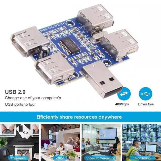 Alt view image 4 of 7 - USB 2.0 1-to-4 Four Ports HUB PCBA PCs 4 Devices Type-A Adapter for Keyboard Mouse Scanner Printer