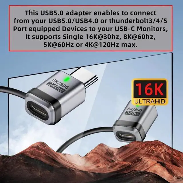 Alt view image 5 of 7 - 90 Degree USB5.0 80Gbps Male to Female Straight Extension Adapter with Lanyard Keychain 240W 16K 8K 5K Compatible with USB4.0 Thunderbolt3/4/5