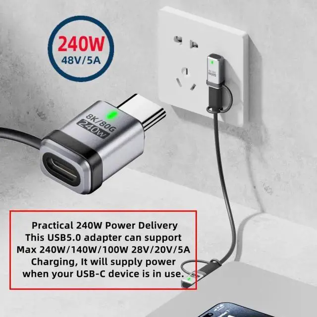 Alt view image 7 of 7 - 90 Degree USB5.0 80Gbps Male to Female Straight Extension Adapter with Lanyard Keychain 240W 16K 8K 5K Compatible with USB4.0 Thunderbolt3/4/5