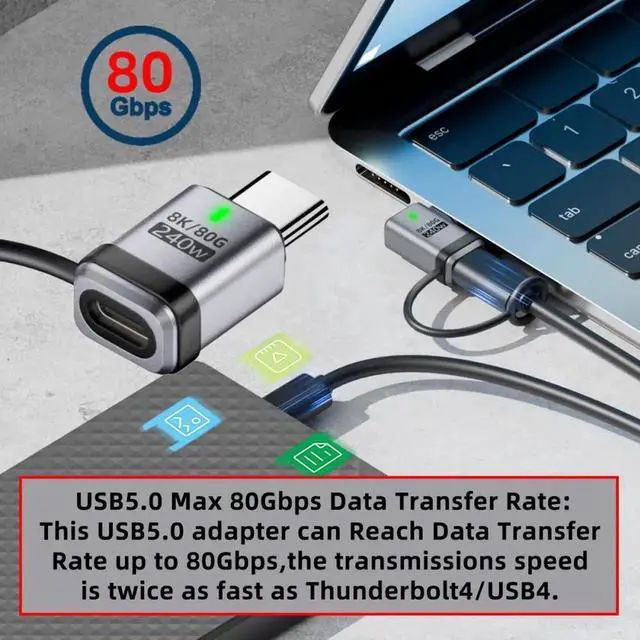 Alt view image 2 of 7 - 90 Degree USB5.0 80Gbps Male to Female Straight Extension Adapter with Lanyard Keychain 240W 16K 8K 5K Compatible with USB4.0 Thunderbolt3/4/5