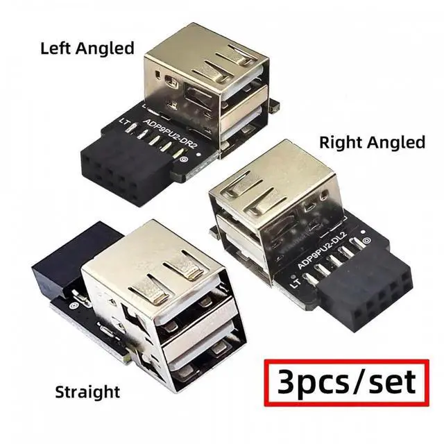 Alt view image 4 of 7 - 3pcs/set 9Pin/10Pin Motherboard Front Panel Header Female to Dual USB 2.0 Female Adapter Vertical Angled Type 90 Degree