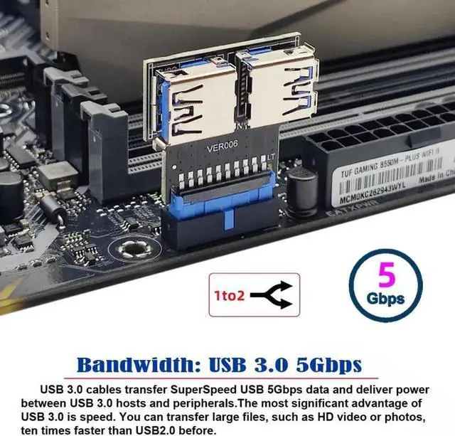 Alt view image 4 of 7 - Dual USB 3.0 A Type Female to Motherboard 20/19 Pin Box Header Slot Adapter 5Gbps Horizontal Type PCBA