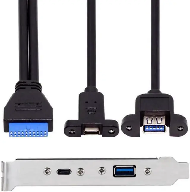 Main image of USB3.0 Motherboard 19/20Pin to USB-C Type-C & USB 3.0 Dual Ports Female PCI-E Back Panel 5Gbps Cable
