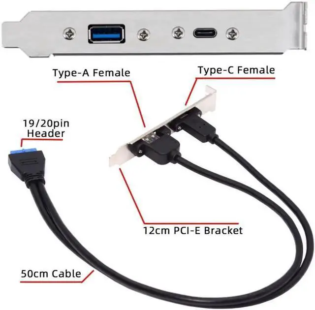 Alt view image 6 of 7 - USB3.0 Motherboard 19/20Pin to USB-C Type-C & USB 3.0 Dual Ports Female PCI-E Back Panel 5Gbps Cable