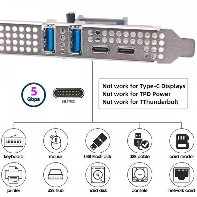Alt view image 4 of 7 - USB3.1 Gen1 5Gbps Dual Type-A & Type-C USB-C Female to PCI-E Express 1x Card Adapter uPD720201 with Low Profile Bracket