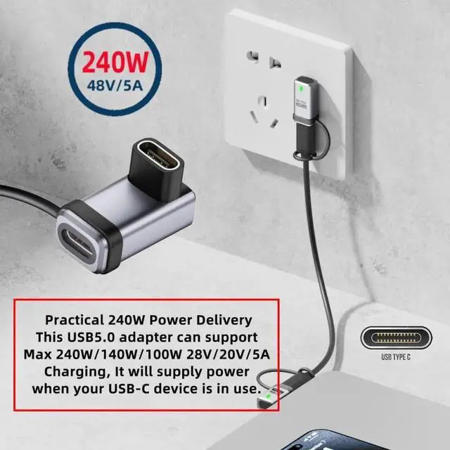 Alt view image 3 of 7 - Cable 90 Degree Angled USB5.0 80Gbps Female to Female Extension Adapter with Lanyard Keychain 240W 16K 8K 5K Compatible with USB4.0 Thunderbolt3/4/5