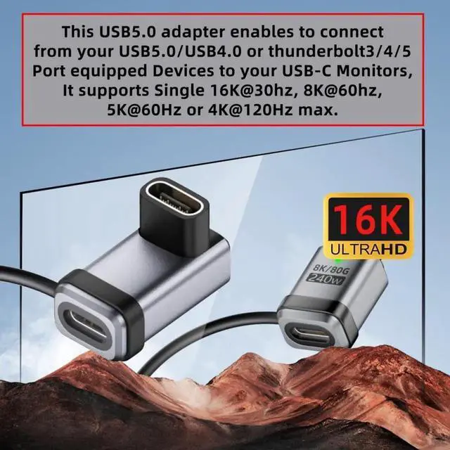 Alt view image 6 of 7 - Cable 90 Degree Angled USB5.0 80Gbps Female to Female Extension Adapter with Lanyard Keychain 240W 16K 8K 5K Compatible with USB4.0 Thunderbolt3/4/5