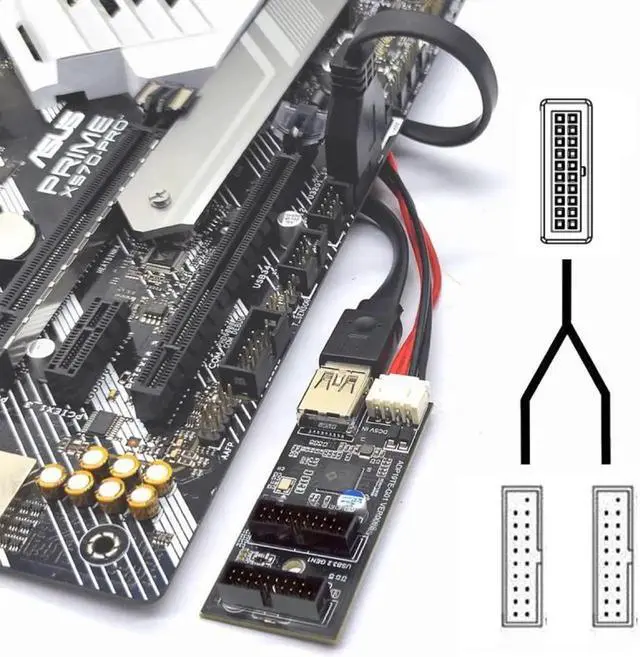 Alt view image 3 of 7 - Single 19/20Pin Header to USB 3.0 19/20Pin Dual Ports Female PCBA Type Adapter Splitter HUB 5Gbps
